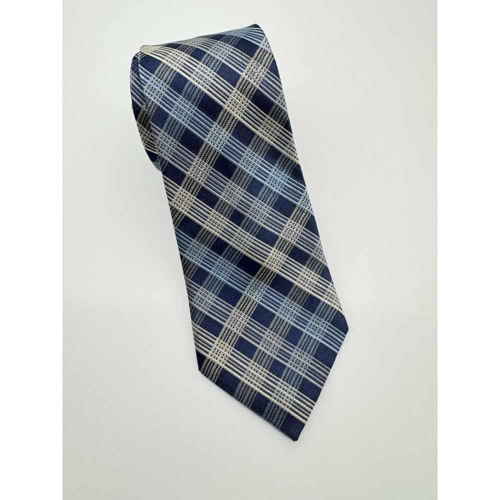 Perry Ellis America Silk Tie Blue Plaid Check Pattern Classic Mens Necktie